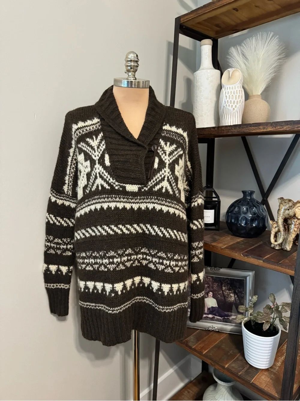 Ralph Lauren Lauren Jeans Co. Mohair Wool Blend Fair Isle Shawl Sweater S/M